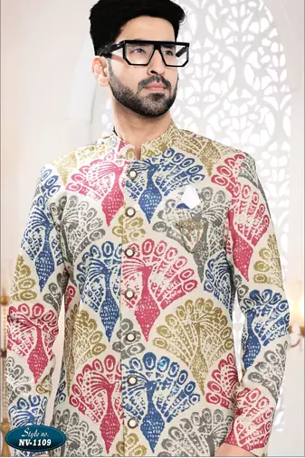 Men's cream linen self print design in fabric kurta set