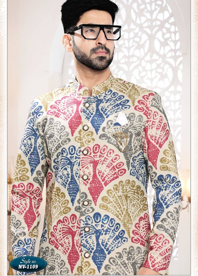 Men's cream linen self print design in fabricSherwani set