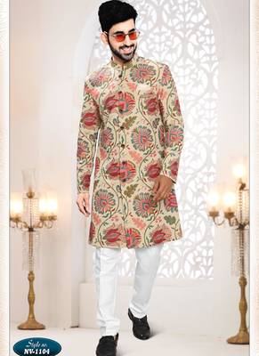 Men's beige linen self print design in fabric kurta set 1