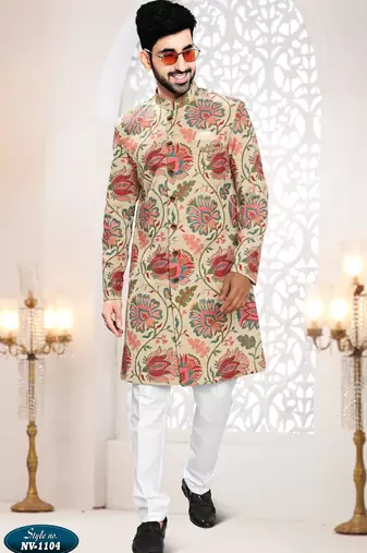 Men's beige linen self print design in fabricSherwani set