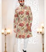 Men's beige linen self print design in fabricSherwani set