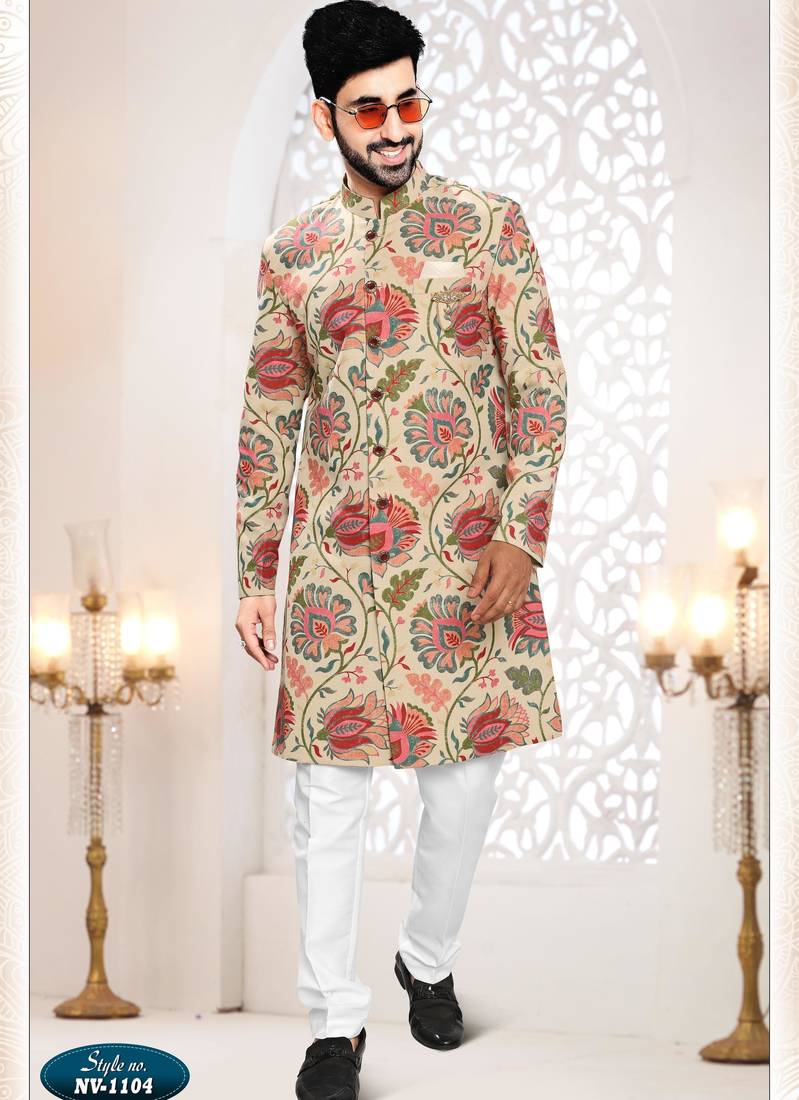 Men's beige linen self print design in fabricSherwani set