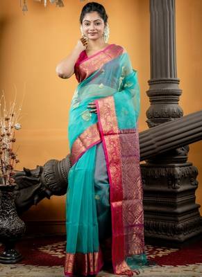 green hand woven silk blend cotton zari work all seasons sarees 1