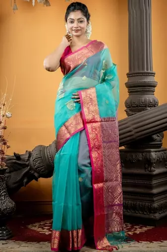 green hand woven silk blend cotton zari work all seasons sarees