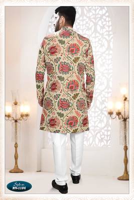 Men's beige linen self print design in fabric kurta set 2