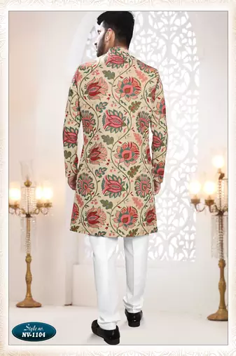 Men's beige linen self print design in fabric kurta set