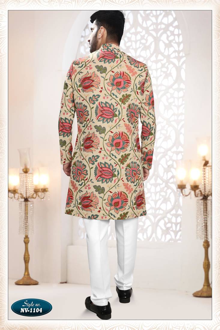 Men's beige linen self print design in fabricSherwani set