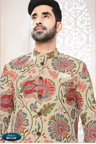 Men's beige linen self print design in fabric kurta set
