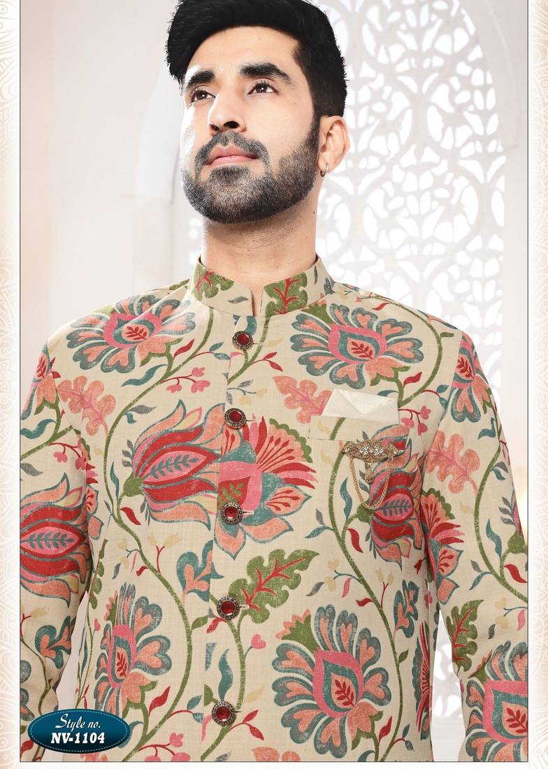 Men's beige linen self print design in fabricSherwani set