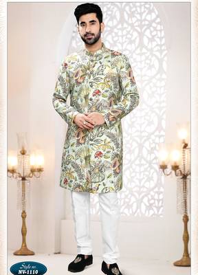 Men's green linen self print design in fabric kurta set 1