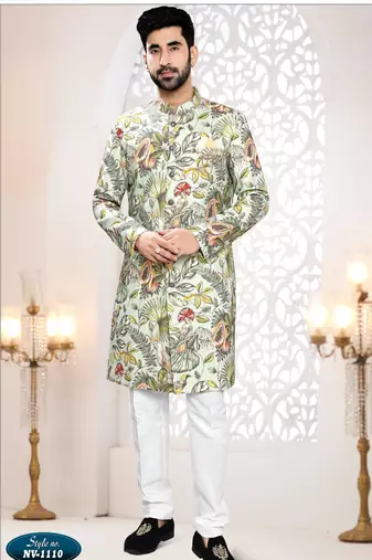 Men's green linen self print design in fabricSherwani set