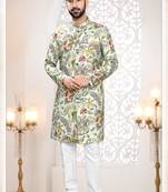Men's green linen self print design in fabricSherwani set