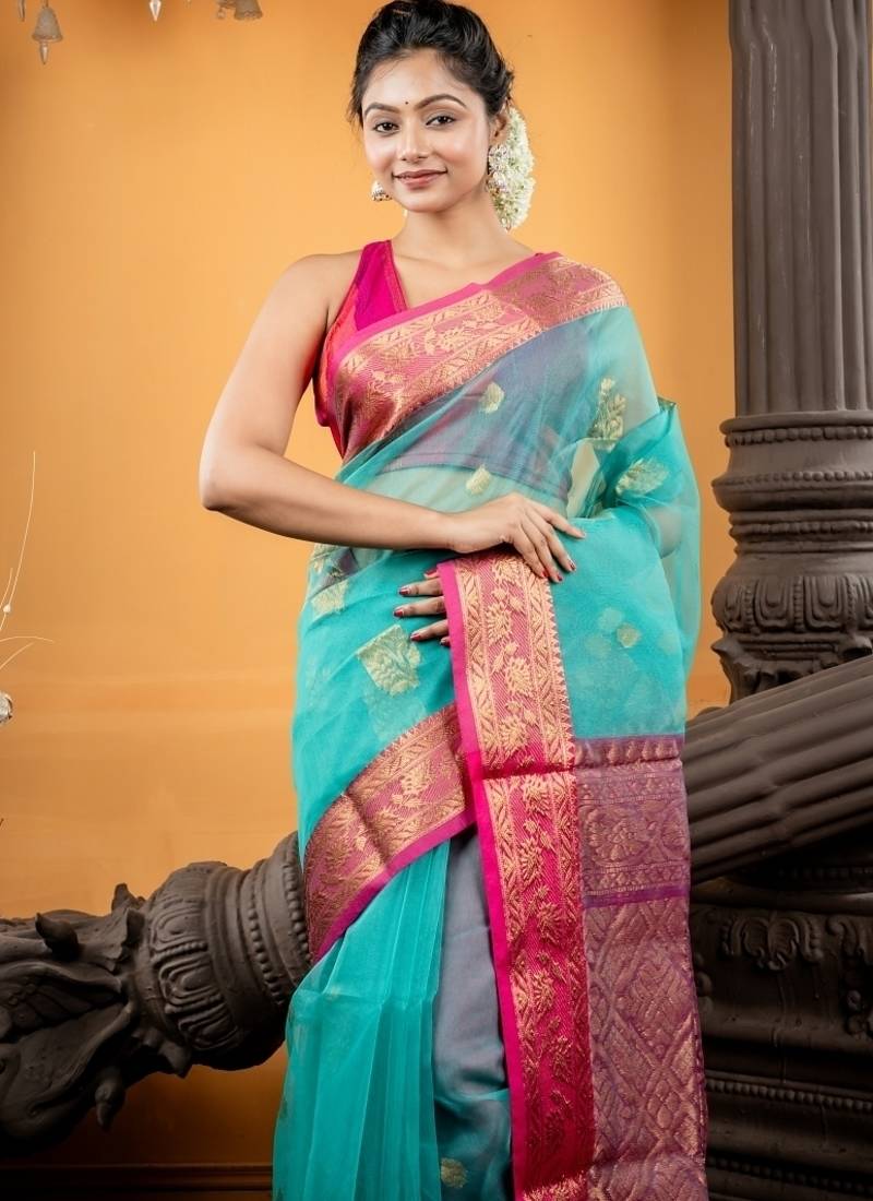 green hand woven silk blend cotton zari work all seasons sarees