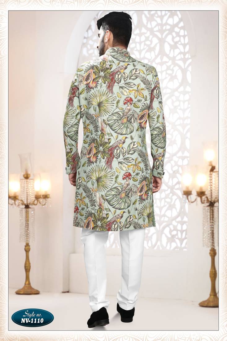 Men's green linen self print design in fabricSherwani set