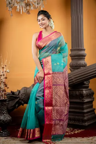 green hand woven silk blend cotton zari work all seasons sarees