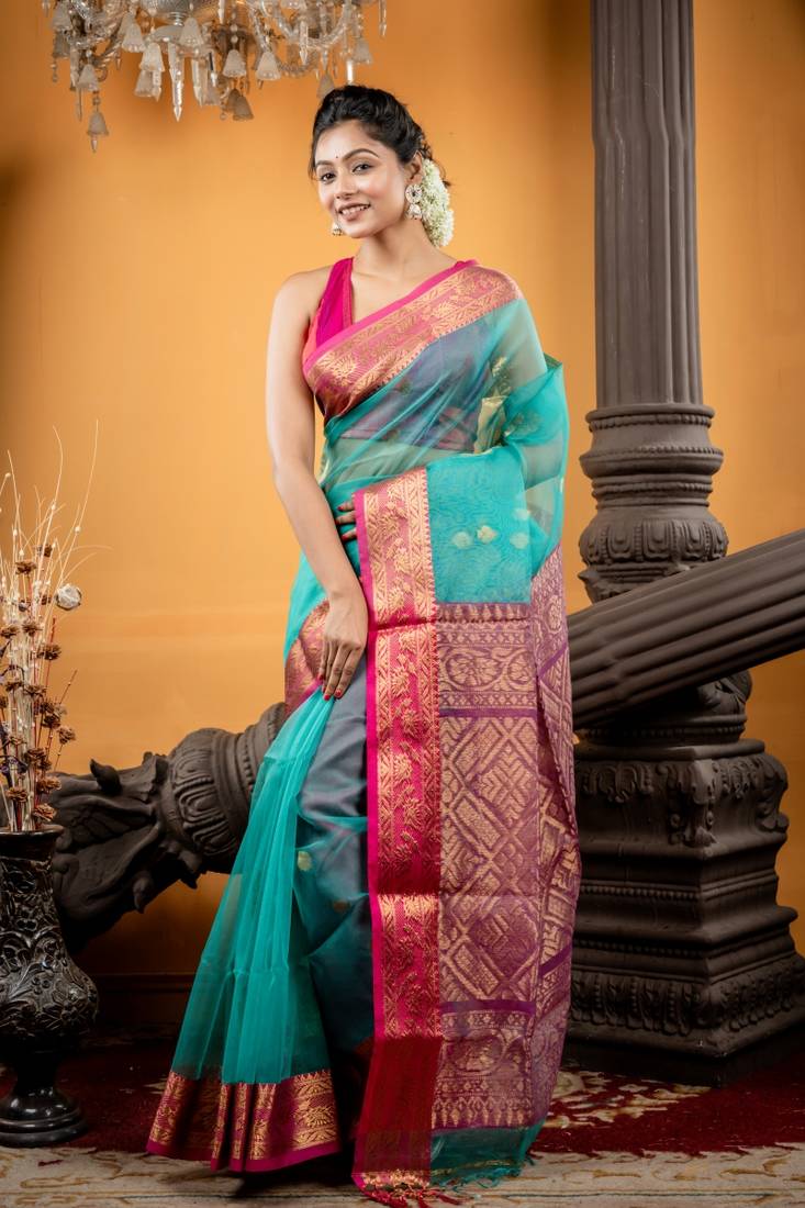 green hand woven silk blend cotton zari work all seasons sarees