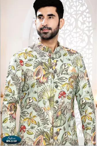 Men's green linen self print design in fabric kurta set