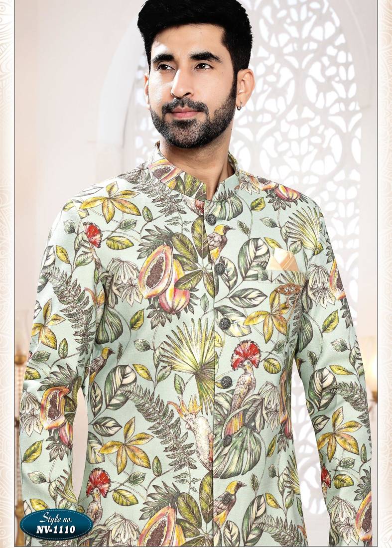 Men's green linen self print design in fabricSherwani set