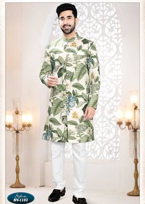 Men's cream linen self print design in fabric kurta set 1