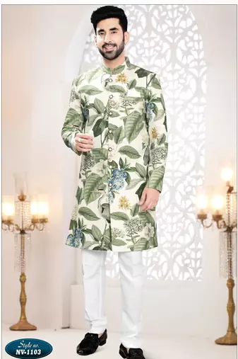 Men's cream linen self print design in fabricSherwani set