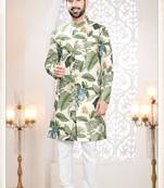 Men's cream linen self print design in fabricSherwani set