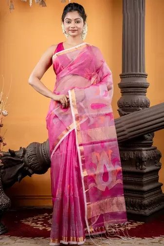 pink hand woven silk blend cotton zari work all seasons sarees