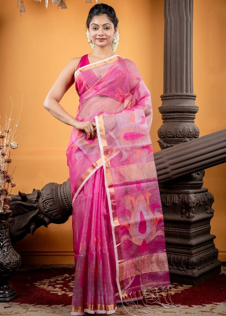 pink hand woven silk blend cotton zari work all seasons sarees