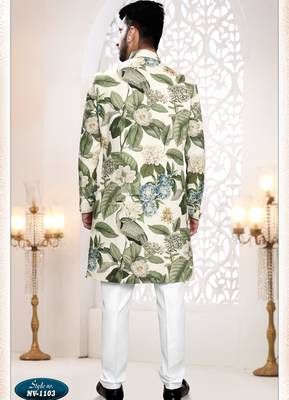Men's cream linen self print design in fabric kurta set 2