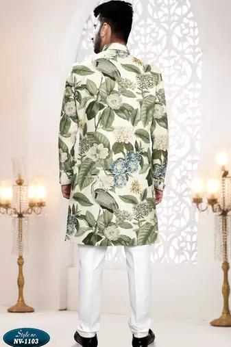 Men's cream linen self print design in fabric kurta set