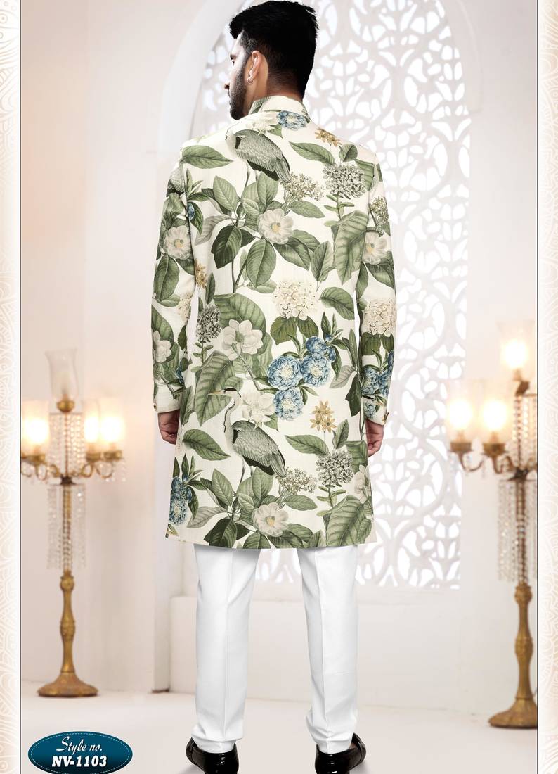 Men's cream linen self print design in fabricSherwani set