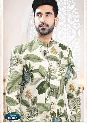 Men's cream linen self print design in fabric kurta set 3