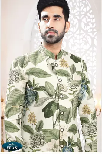 Men's cream linen self print design in fabric kurta set