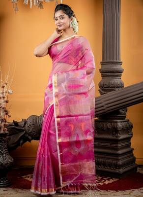 pink hand woven silk blend cotton zari work all seasons sarees 3