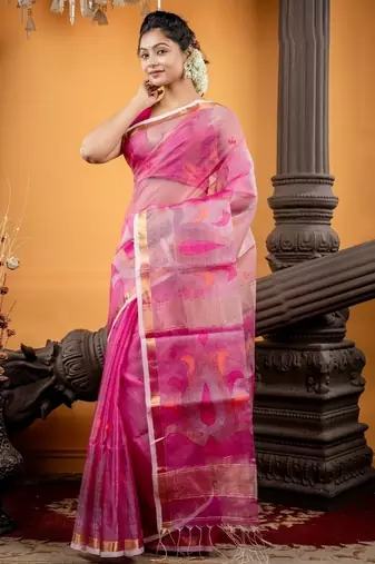 pink hand woven silk blend cotton zari work all seasons sarees