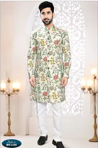 Men's cream linen -Sherwani set