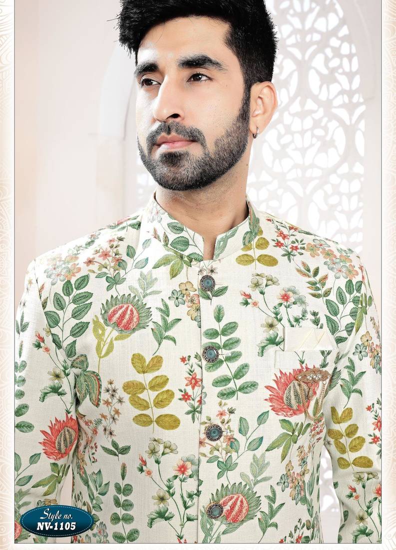 Men's cream linen -Sherwani set