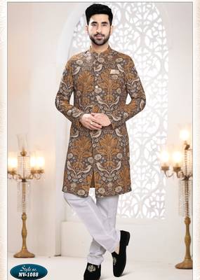 Men's brown linen self print design in fabric kurta set 1