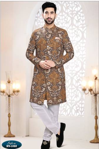 Men's brown linen self print design in fabric kurta set
