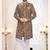 Men's brown linen self print design in fabricSherwani set