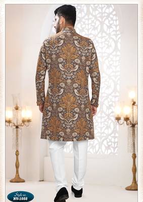 Men's brown linen self print design in fabric kurta set 2