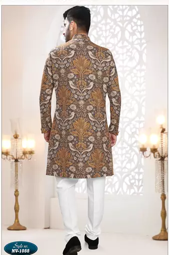 Men's brown linen self print design in fabric kurta set