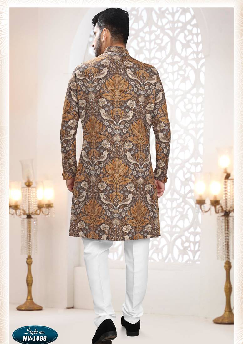 Men's brown linen self print design in fabricSherwani set