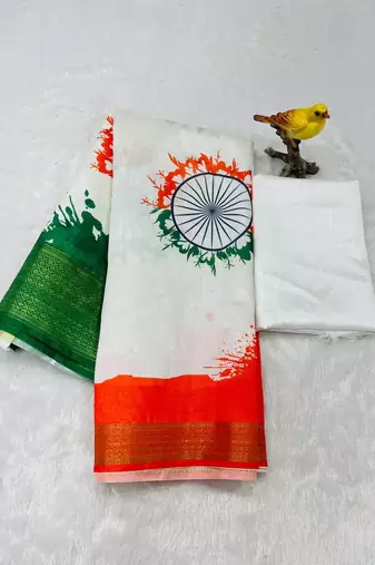 White Color Tiranga Printed And Zari Weave Republic Day Banarasi Silk Saree