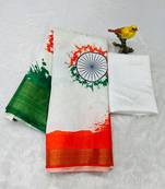 White Color Tiranga Printed And Zari Weave Republic Day Banarasi Silk Saree