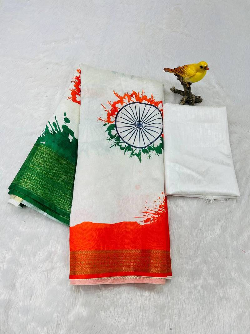 White Color Tiranga Printed And Zari Weave Republic Day Banarasi Silk Saree
