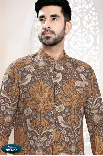 Men's brown linen self print design in fabric kurta set