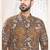Men's brown linen self print design in fabricSherwani set