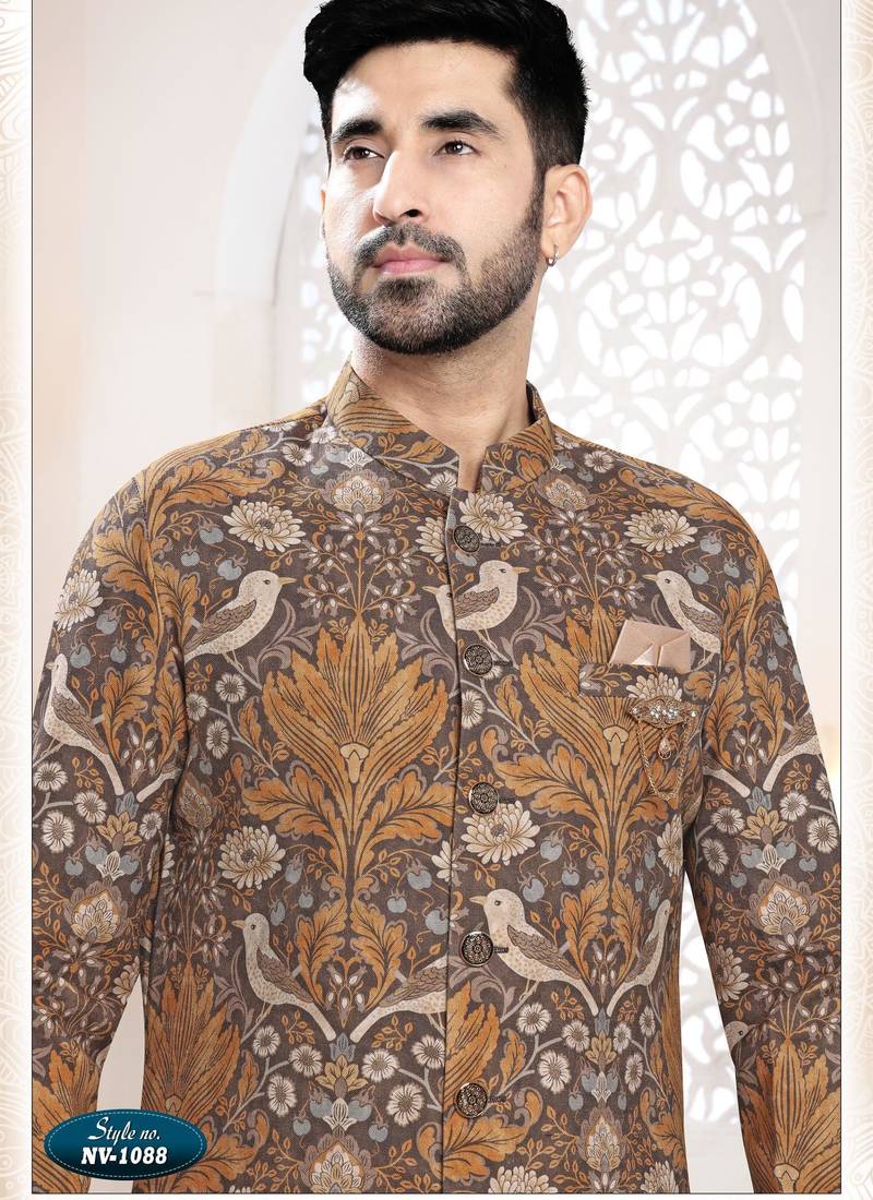 Men's brown linen self print design in fabricSherwani set