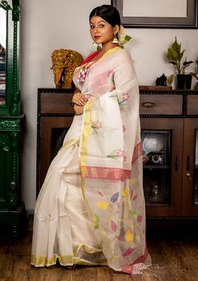 white hand woven silk blend cotton zari work all seasons sarees 2
