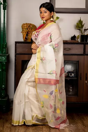 white hand woven silk blend cotton zari work all seasons sarees
